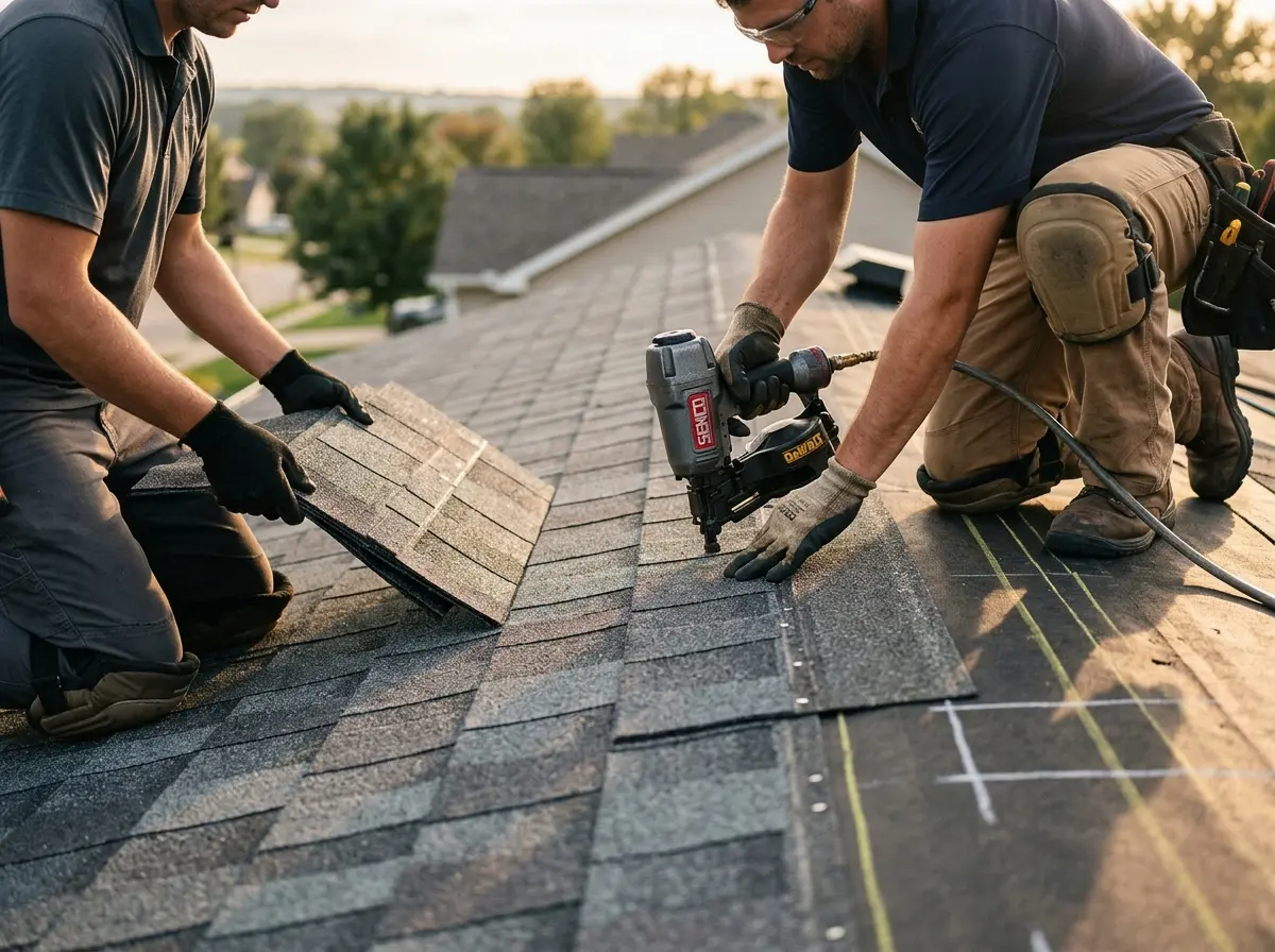 Professional roofer working on a residential roof in Centerville